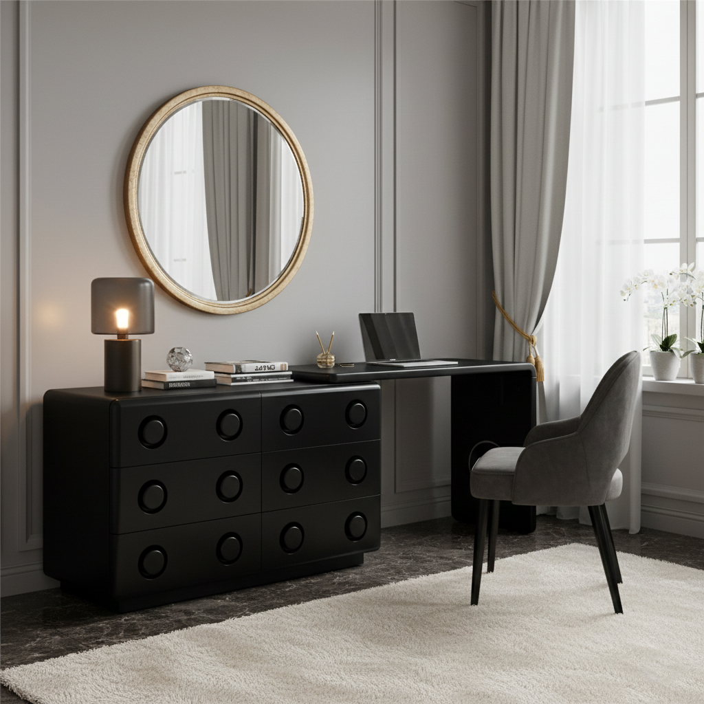 Multi-Functional Extendable Makeup Vanity - Retro MDF Particle Board Dressing Table 6-Drawer For Bedroom