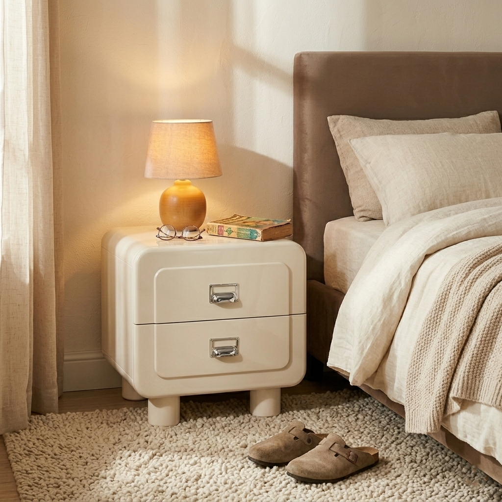 French Round Leg Nightstand - High-Gloss E0 Grade MDF Frame 2-Drawer Bedside Table For Bedroom