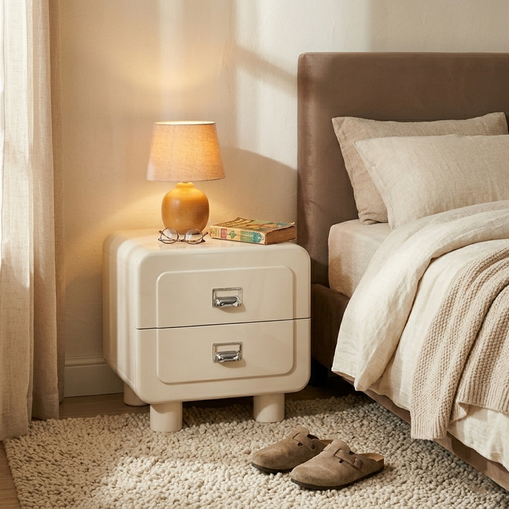 French Round Leg Nightstand - High-Gloss E0 Grade MDF Frame 2-Drawer Bedside Table For Bedroom