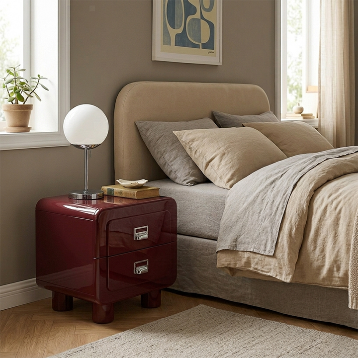 French Round Leg Nightstand - High-Gloss E0 Grade MDF Frame 2-Drawer Bedside Table For Bedroom