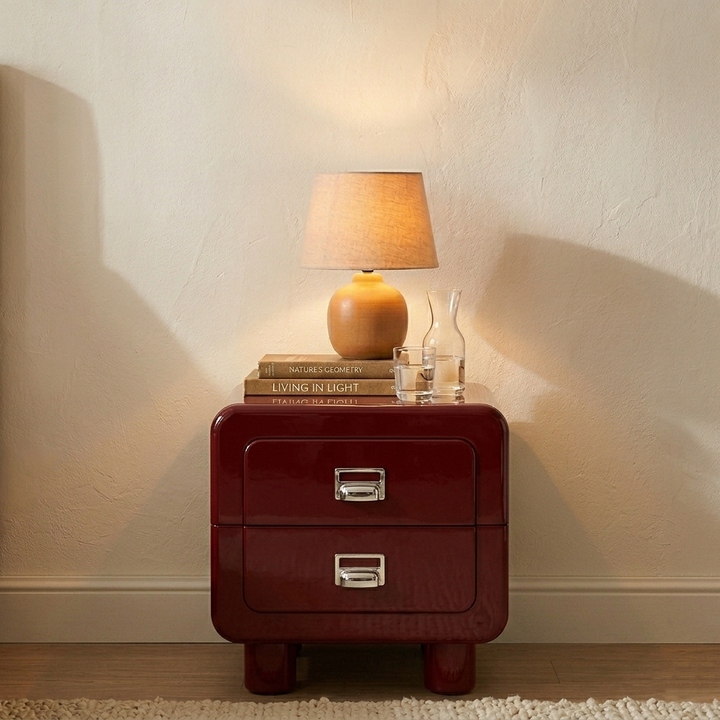 French Round Leg Nightstand - High-Gloss E0 Grade MDF Frame 2-Drawer Bedside Table For Bedroom