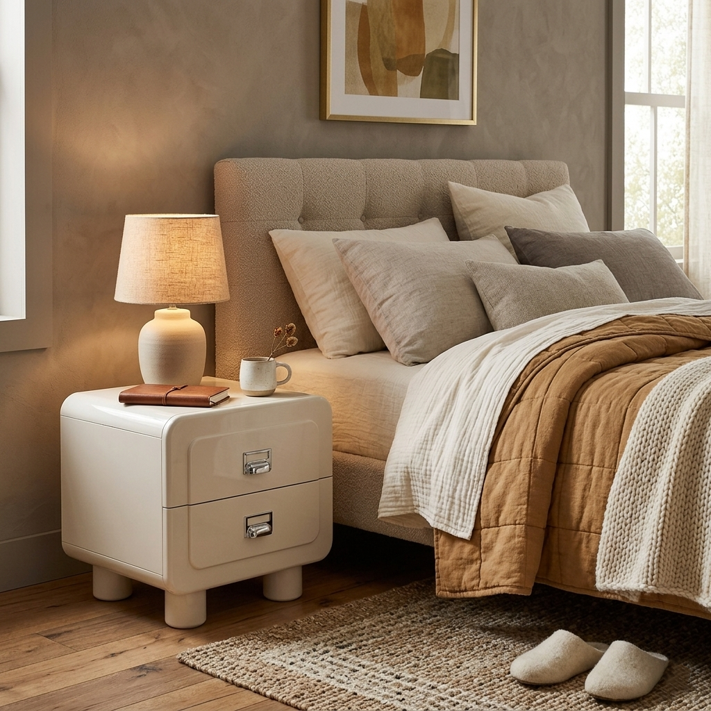 French Round Leg Nightstand - High-Gloss E0 Grade MDF Frame 2-Drawer Bedside Table For Bedroom