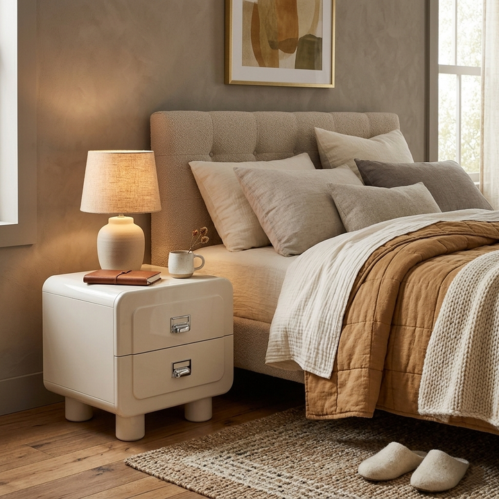 French Round Leg Nightstand - High-Gloss E0 Grade MDF Frame 2-Drawer Bedside Table For Bedroom