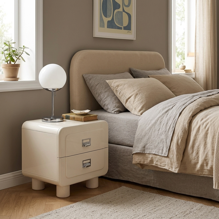 French Round Leg Nightstand - High-Gloss E0 Grade MDF Frame 2-Drawer Bedside Table For Bedroom