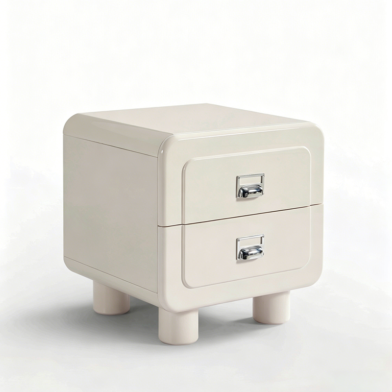 French Round Leg Nightstand - High-Gloss E0 Grade MDF Frame 2-Drawer Bedside Table For Bedroom