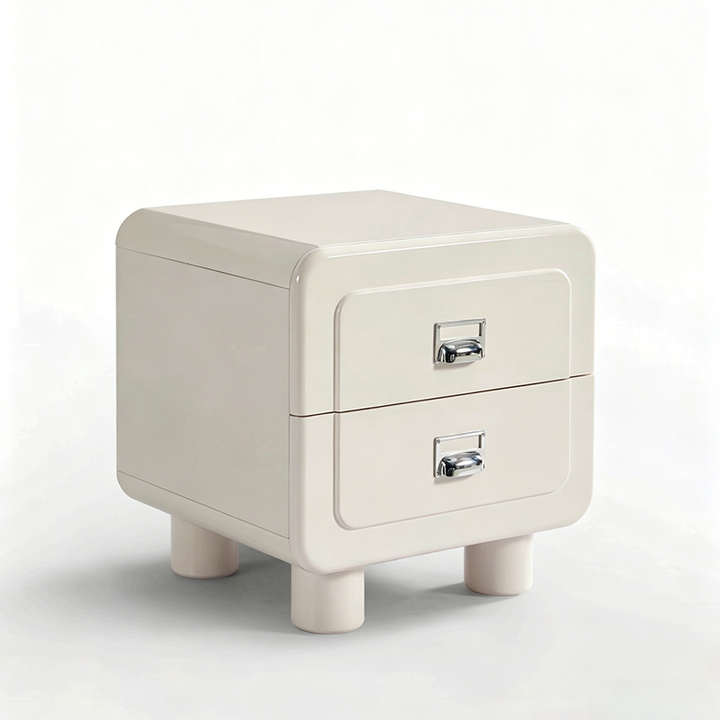 French Round Leg Nightstand - High-Gloss E0 Grade MDF Frame 2-Drawer Bedside Table For Bedroom