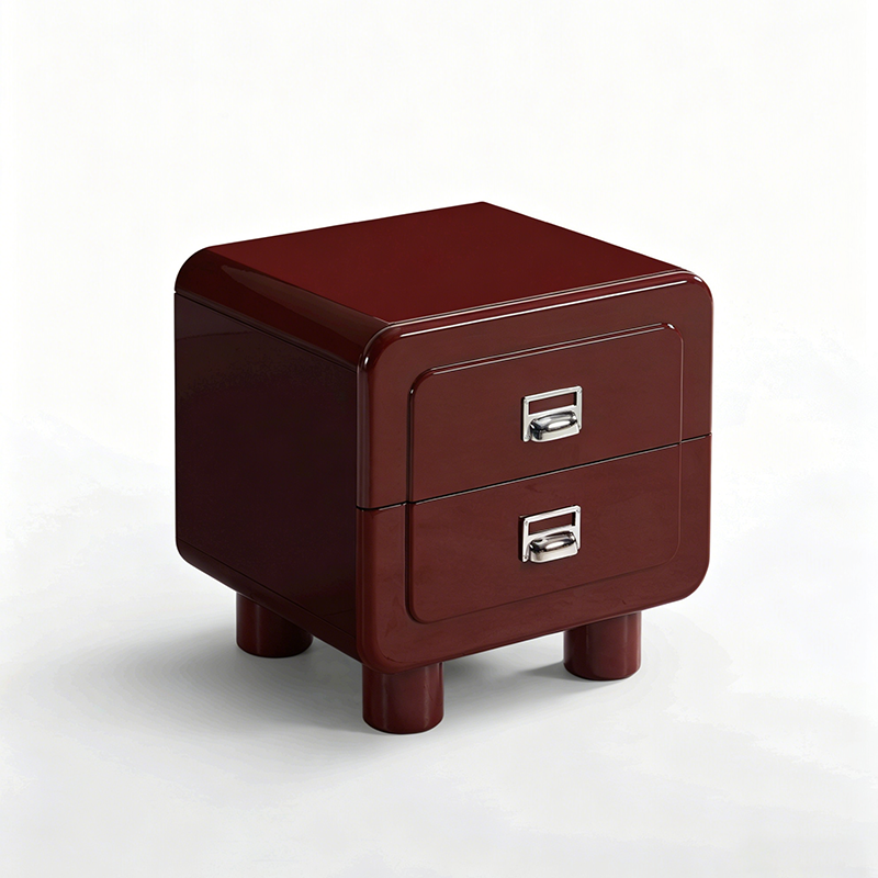 French Round Leg Nightstand - High-Gloss E0 Grade MDF Frame 2-Drawer Bedside Table For Bedroom