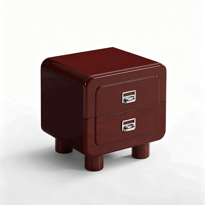 French Round Leg Nightstand - High-Gloss E0 Grade MDF Frame 2-Drawer Bedside Table For Bedroom