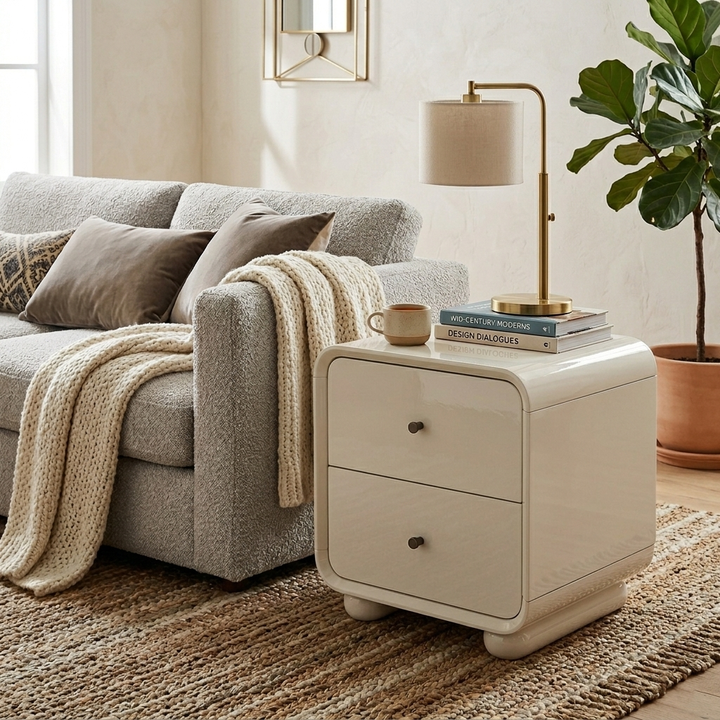 Contemporary Scandinavian Arc Edge Square Nightstand - High-Quality E0 Grade MDF 2-Drawer Bedside Table For Bedroom