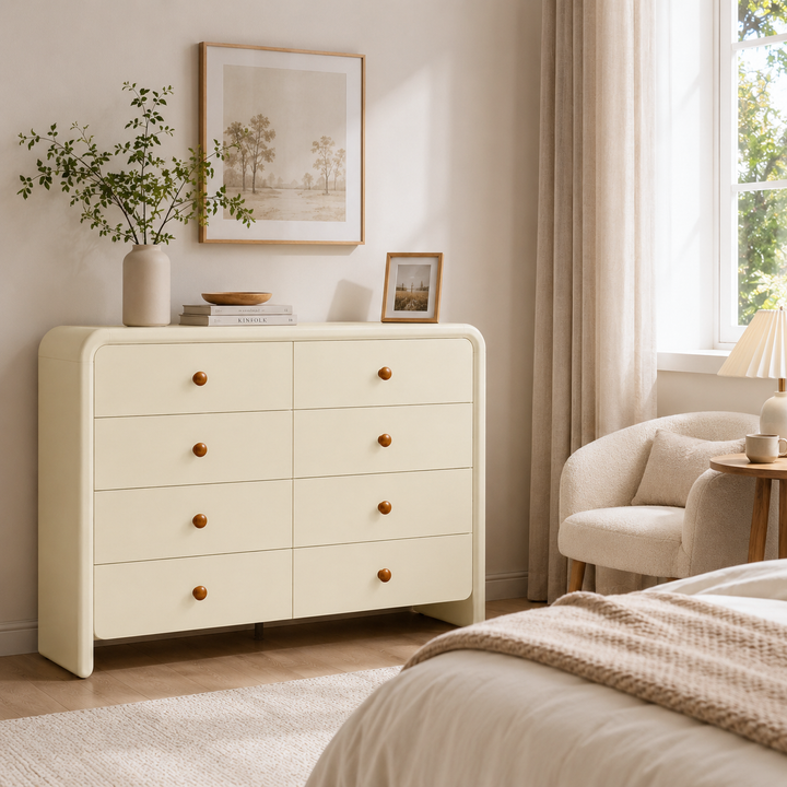 Cream Nordic 8-Drawer Dresser - Curved Edge Cream MDF Large Capacity Storage Cabinet For Bedroom