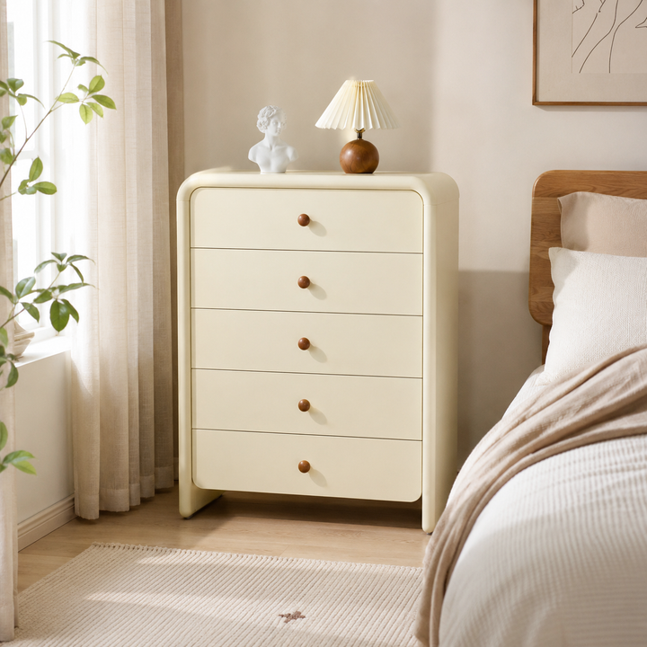 Vertical Cream MDF Tall Chest - Large Capacity Partitioned 5-Drawer Storage Cabinet For Living Room & Bedroom