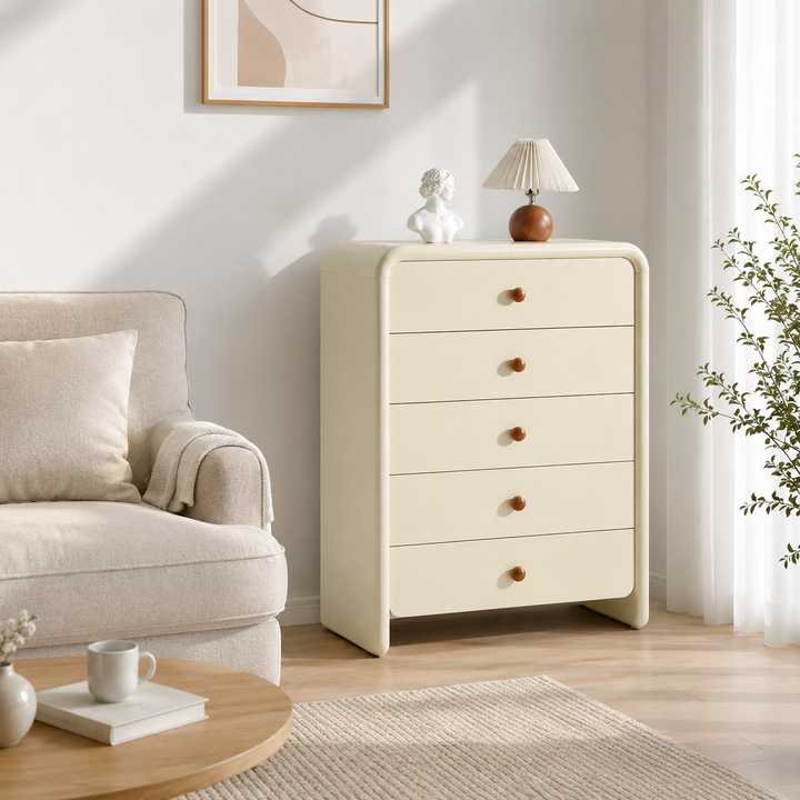 Vertical Cream MDF Tall Chest - Large Capacity Partitioned 5-Drawer Storage Cabinet For Living Room & Bedroom