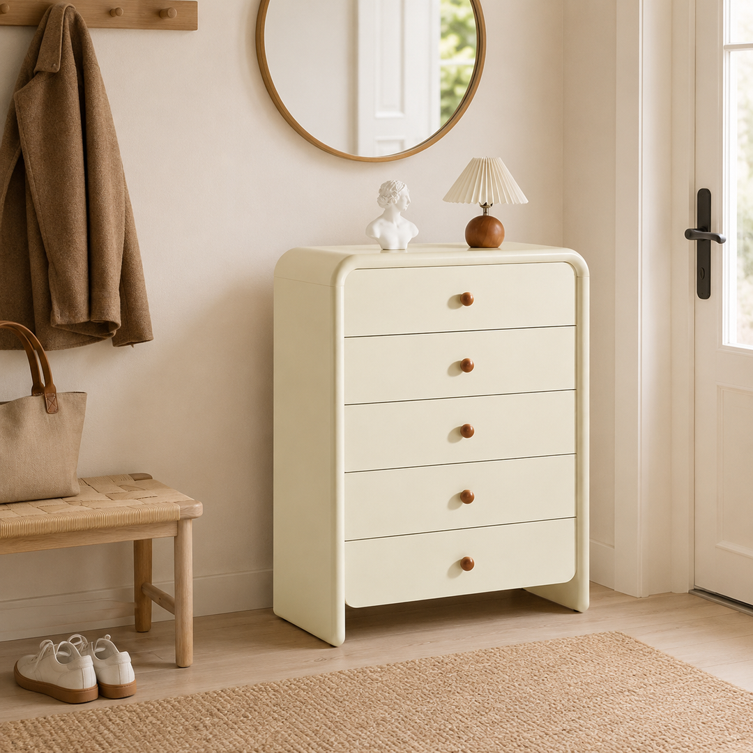 Vertical Cream MDF Tall Chest - Large Capacity Partitioned 5-Drawer Storage Cabinet For Living Room &amp; Bedroom
