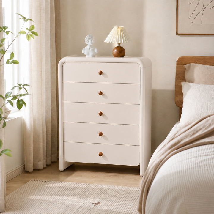 Vertical Cream MDF Tall Chest - Large Capacity Partitioned 5-Drawer Storage Cabinet For Living Room & Bedroom