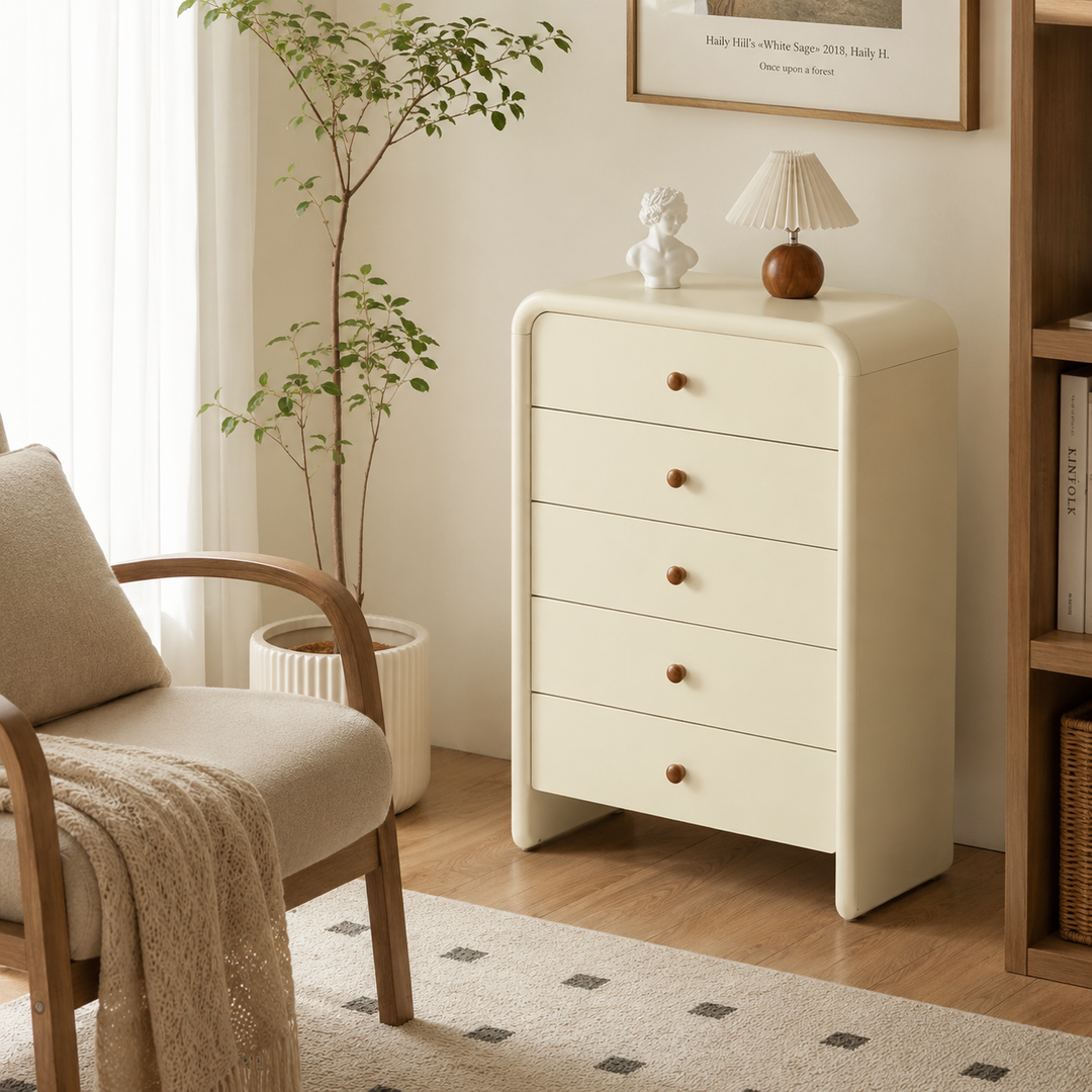 Vertical Cream MDF Tall Chest - Large Capacity Partitioned 5-Drawer Storage Cabinet For Living Room &amp; Bedroom