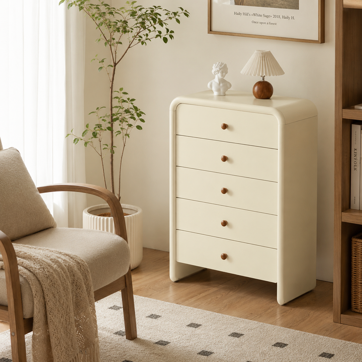 Vertical Cream MDF Tall Chest - Large Capacity Partitioned 5-Drawer Storage Cabinet For Living Room &amp; Bedroom