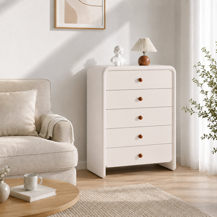 Vertical Cream MDF Tall Chest - Large Capacity Partitioned 5-Drawer Storage Cabinet For Living Room &amp; Bedroom