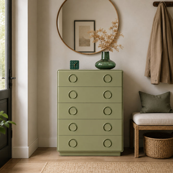 Modern Minimalist 5-Drawer Chest - Recessed Round Handle Storage Cabinet For Living Room & Bedroom