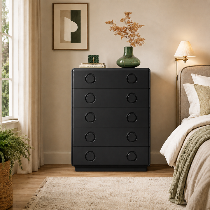 Modern Minimalist 5-Drawer Chest - Recessed Round Handle Storage Cabinet For Living Room & Bedroom