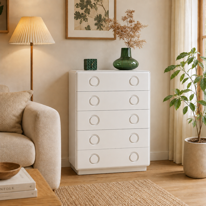 Modern Minimalist 5-Drawer Chest - Recessed Round Handle Storage Cabinet For Living Room & Bedroom