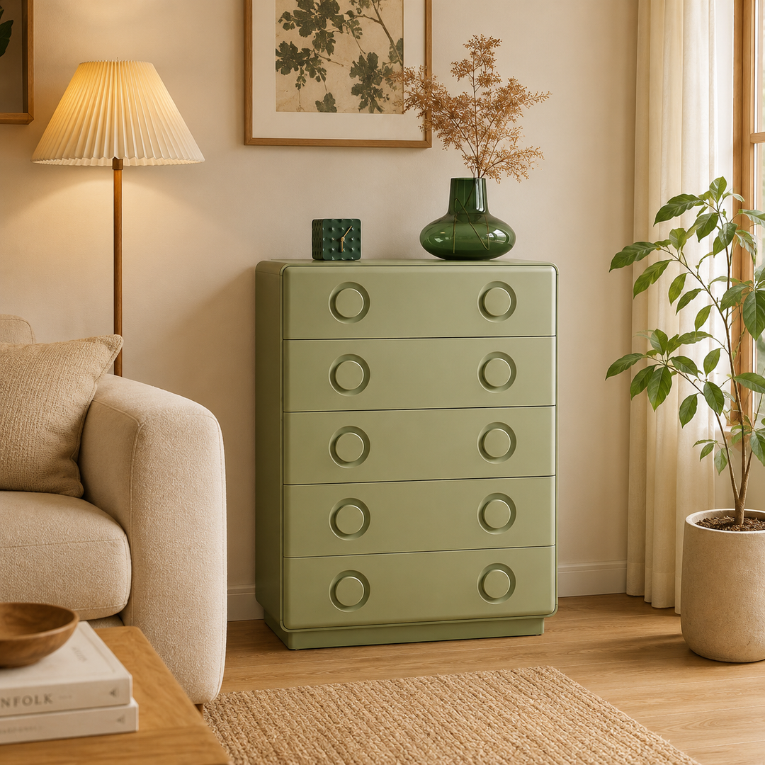 Cómoda moderna minimalista de 5 cajones - armario de almacenamiento con tirador redondo empotrado para sala de estar y dormitorio 