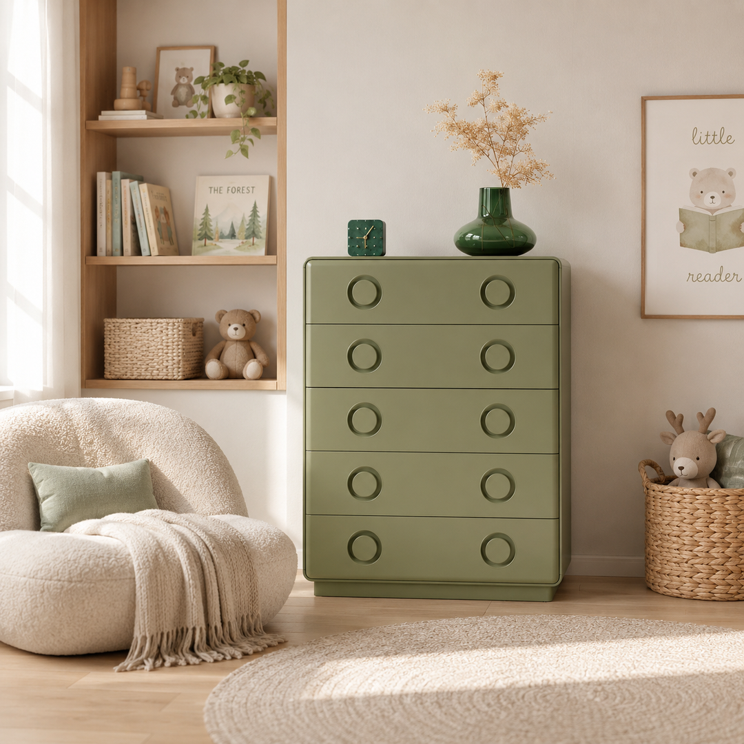 Cómoda moderna minimalista de 5 cajones - armario de almacenamiento con tirador redondo empotrado para sala de estar y dormitorio 