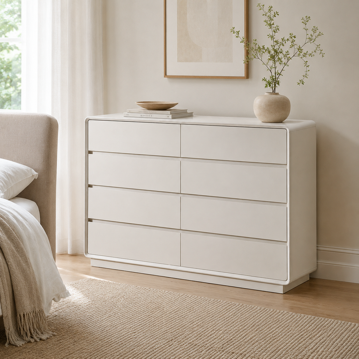 Scandinavian MDF 8-Drawer Wide Dresser - Hidden Pull Handles Storage Cabinet For Bedroom