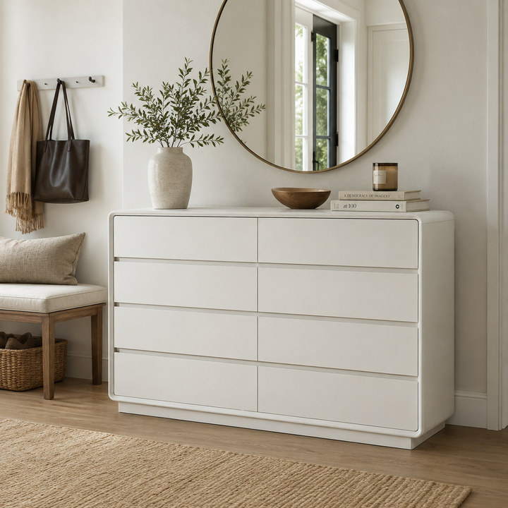 Scandinavian MDF 8-Drawer Wide Dresser - Hidden Pull Handles Storage Cabinet For Bedroom