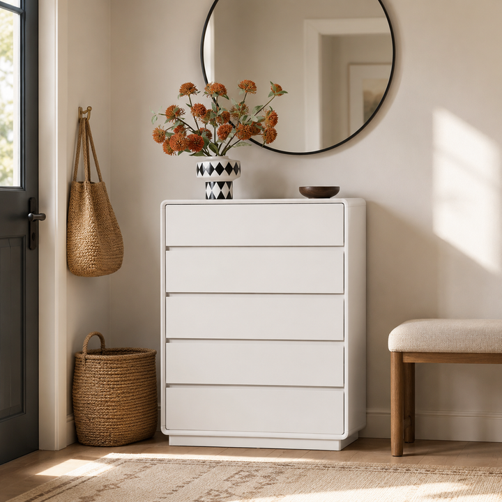 Slim Tall MDF Storage Dresser - Scandinavian 5-Drawer MDF Vertical Storage Cabinet For Bedroom