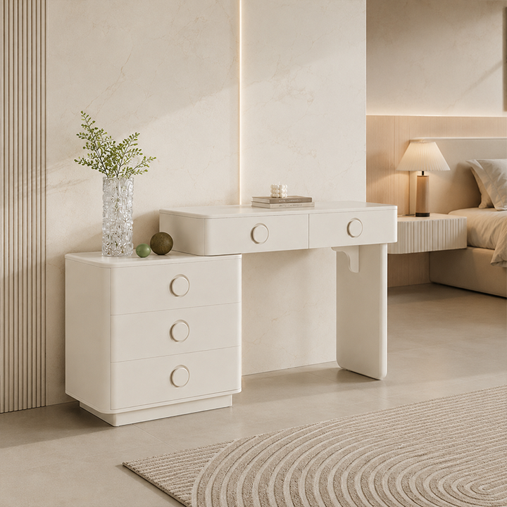 Moderner minimalistischer Schminktisch aus MDF - Frisiertisch mit abgerundetem Design und 5 Schubladen fürs Schlafzimmer 