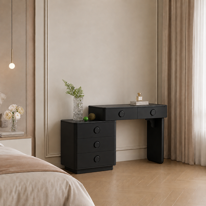 Moderner minimalistischer Schminktisch aus MDF - Frisiertisch mit abgerundetem Design und 5 Schubladen fürs Schlafzimmer 