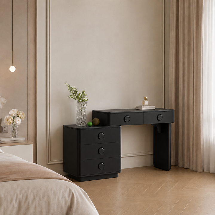 Moderner minimalistischer Schminktisch aus MDF - Frisiertisch mit abgerundetem Design und 5 Schubladen fürs Schlafzimmer 