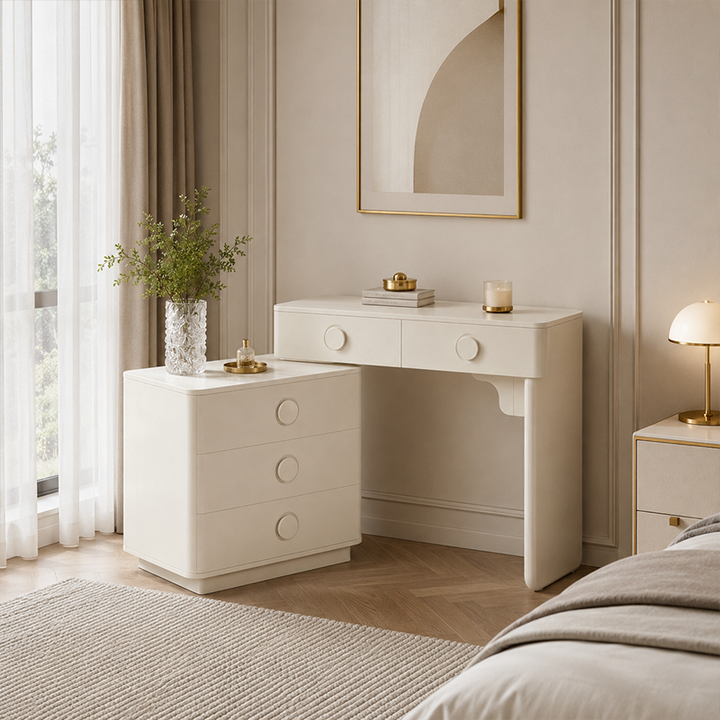 Moderner minimalistischer Schminktisch aus MDF - Frisiertisch mit abgerundetem Design und 5 Schubladen fürs Schlafzimmer 