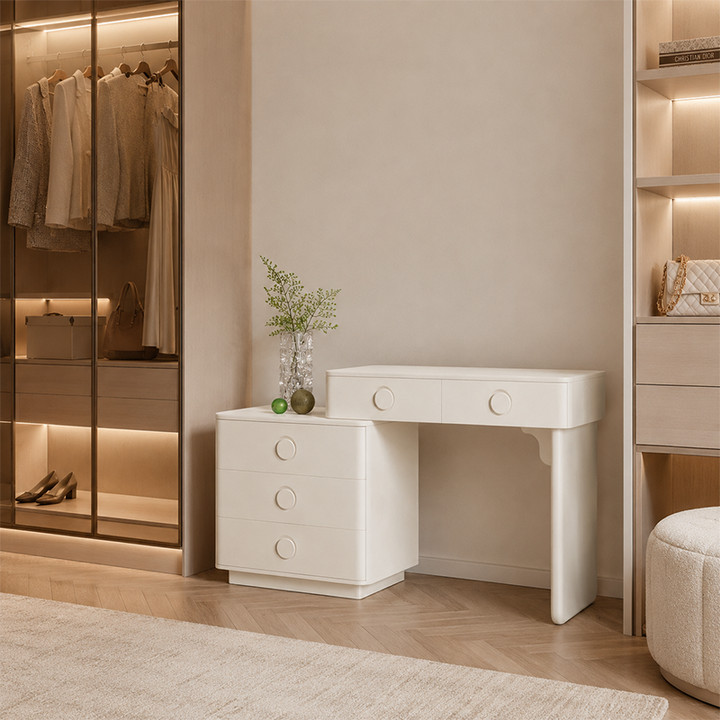 Moderner minimalistischer Schminktisch aus MDF - Frisiertisch mit abgerundetem Design und 5 Schubladen fürs Schlafzimmer 