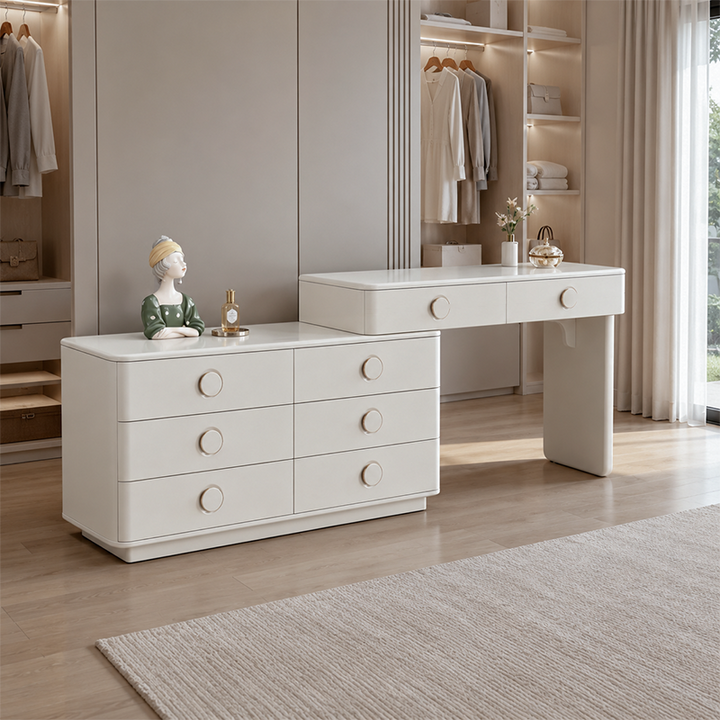 Modern Minimalist Dressing Table With 8-Drawers - Curved Rounded Makeup Vanity For Bedroom