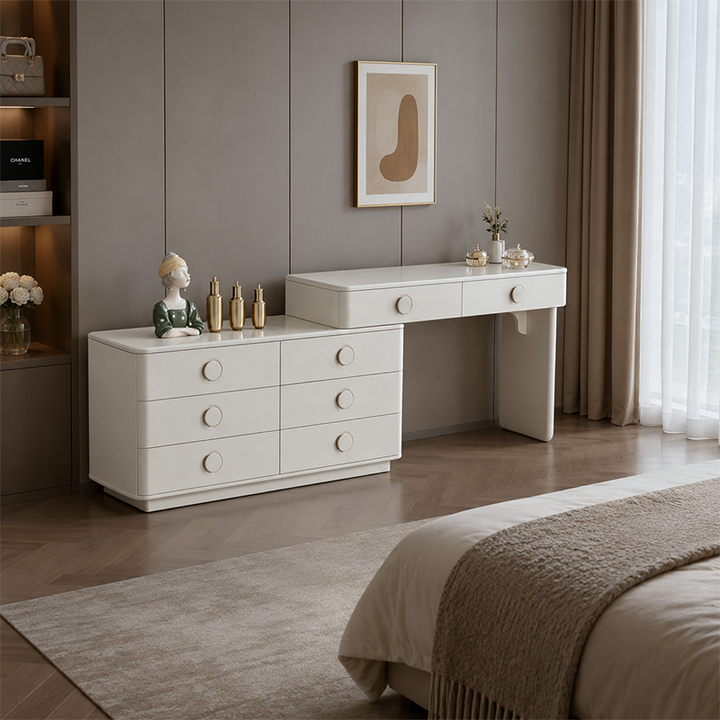 Modern Minimalist Dressing Table With 8-Drawers - Curved Rounded Makeup Vanity For Bedroom