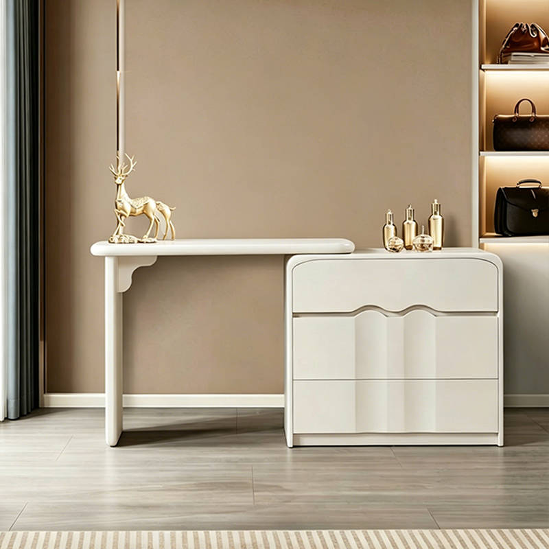 Modern Minimalist Hidden Handle Makeup Vanity With 3-Drawers - Wave Medium Density Fiberboard Dressing Table For Bedroom