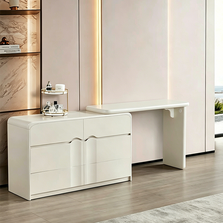Modern Curved Makeup Vanity With Multi-Drawer Storage - Minimalist Dressing Table With Wave Groove 6-Drawers For Bedroom