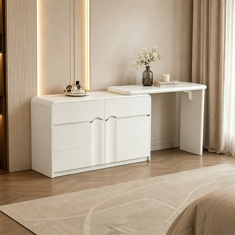 Modern Curved Makeup Vanity With Multi-Drawer Storage - Minimalist Dressing Table With Wave Groove 6-Drawers For Bedroom