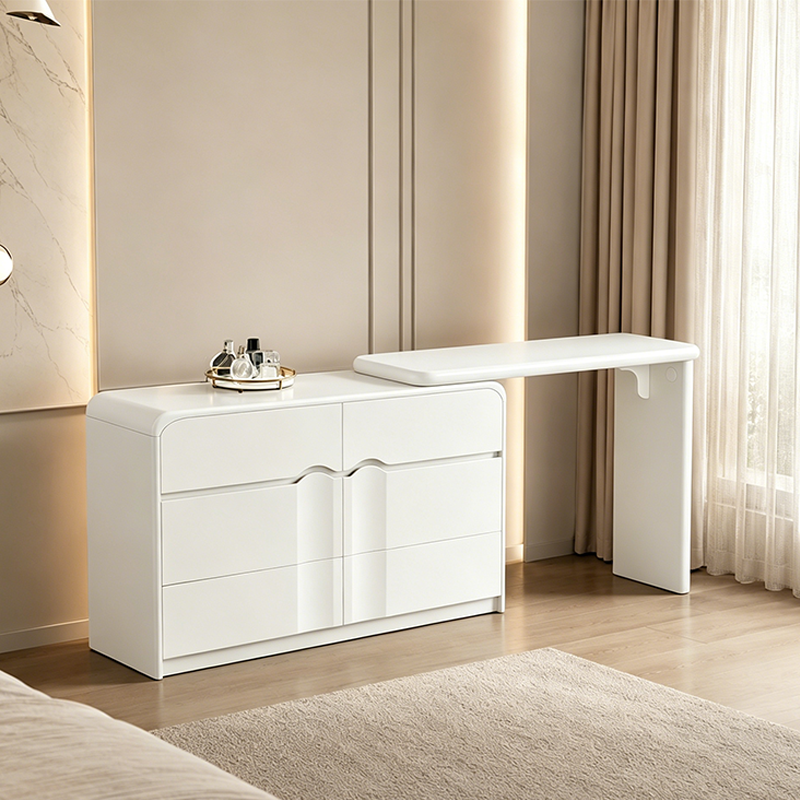 Modern Curved Makeup Vanity With Multi-Drawer Storage - Minimalist Dressing Table With Wave Groove 6-Drawers For Bedroom