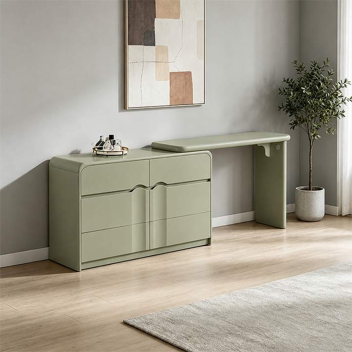 Modern Curved Makeup Vanity With Multi-Drawer Storage - Minimalist Dressing Table With Wave Groove 6-Drawers For Bedroom