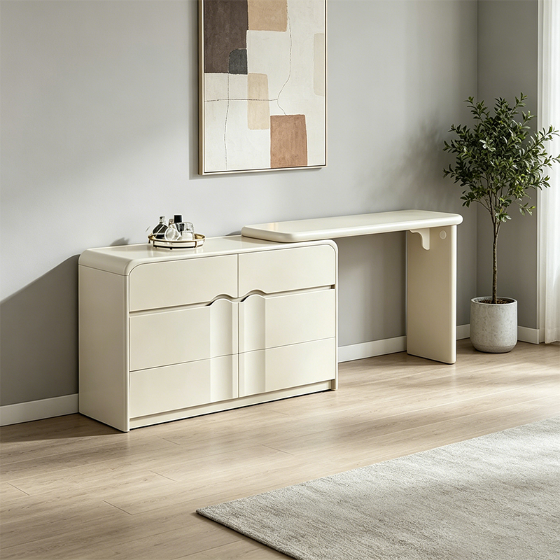 Modern Curved Makeup Vanity With Multi-Drawer Storage - Minimalist Dressing Table With Wave Groove 6-Drawers For Bedroom