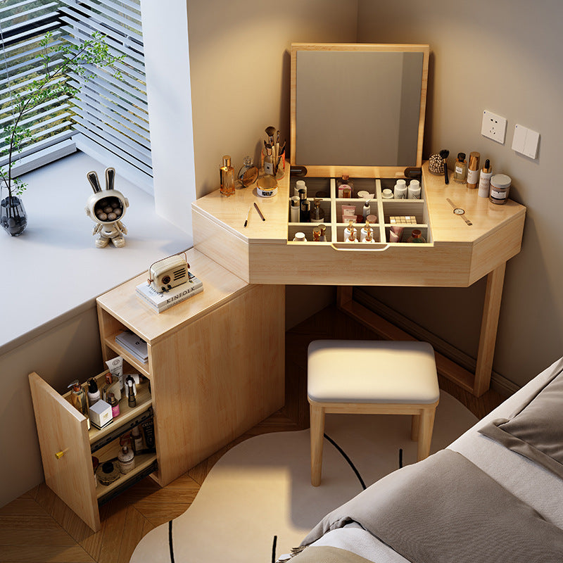 Modern Minimalist Rectangular Hexagonal Rubberwood Plywood Glass Microfiber Leather Makeup Vanity 4-Tier For Bedroom