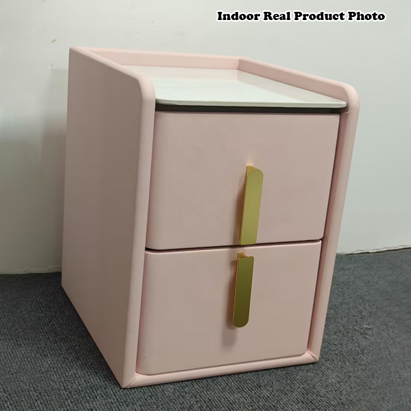 Table de chevet en cuir microfibre de pin nordique contemporain en pierre frittée 2 tiroirs pour chambre 
