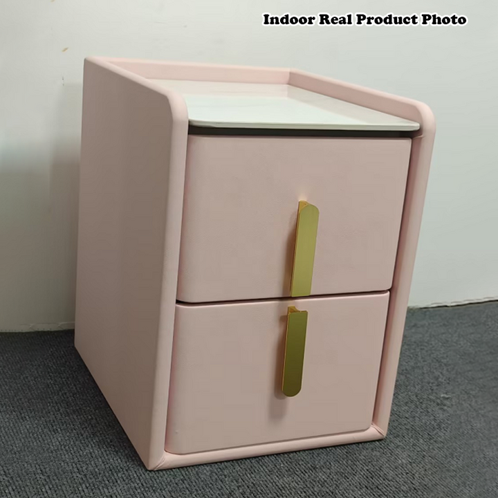 Table de chevet en cuir microfibre de pin nordique contemporain en pierre frittée 2 tiroirs pour chambre 