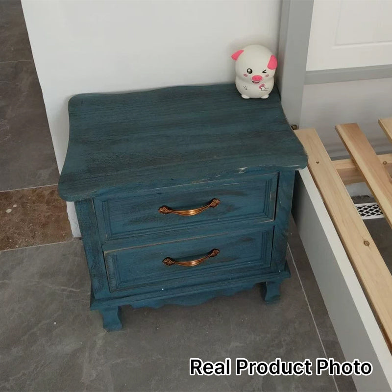 Traditional Vintage Square Cube Paulownia Wood Metal Nightstand 2 - Drawer For Bedroom