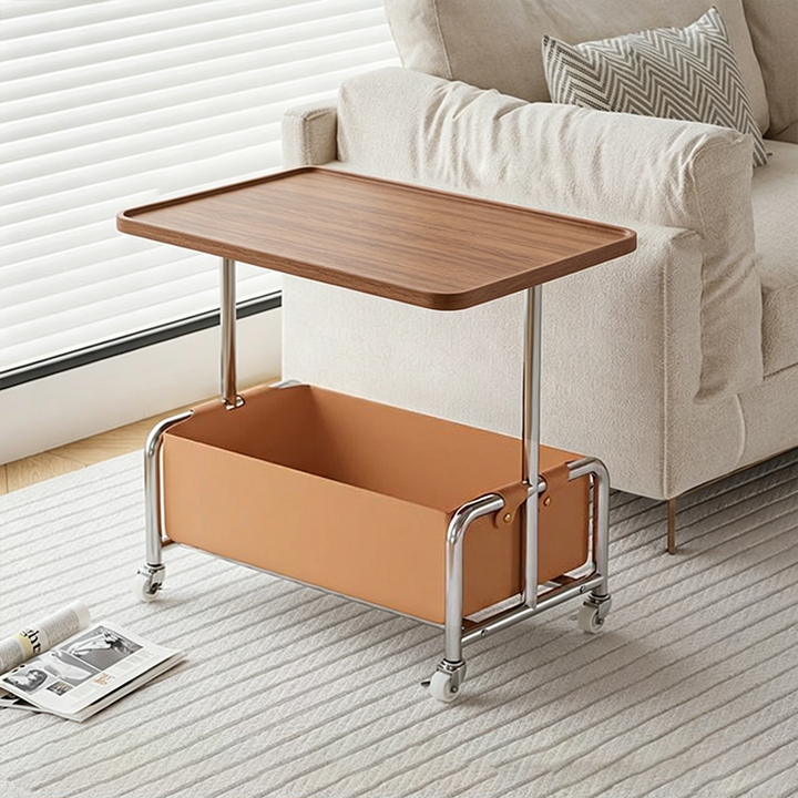 Mesa Auxiliar Movible de Almacenamiento de Cuero Sintético con Bandeja Superior de Simplicidad Moderna de 2 Niveles para Sala de Estar 