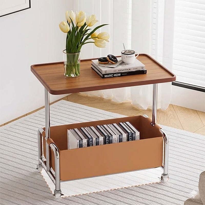 Mesa Auxiliar Movible de Almacenamiento de Cuero Sintético con Bandeja Superior de Simplicidad Moderna de 2 Niveles para Sala de Estar 