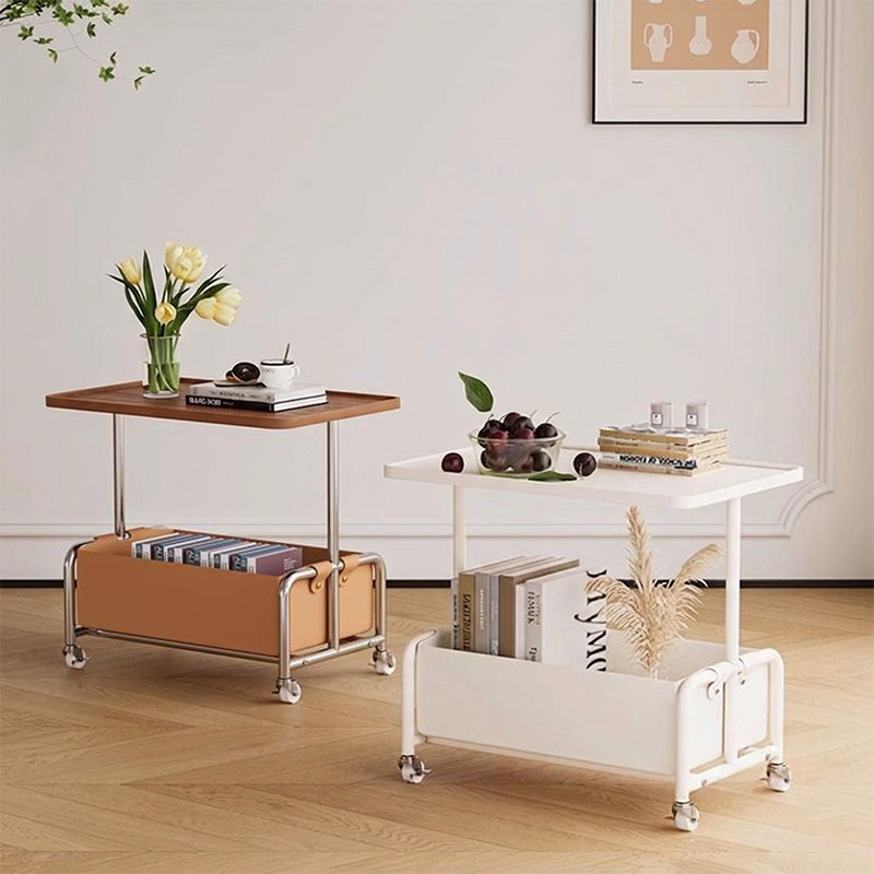 Mesa Auxiliar Movible de Almacenamiento de Cuero Sintético con Bandeja Superior de Simplicidad Moderna de 2 Niveles para Sala de Estar 
