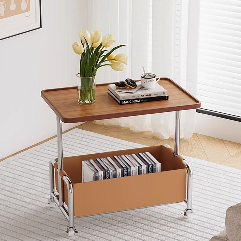 Mesa Auxiliar Movible de Almacenamiento de Cuero Sintético con Bandeja Superior de Simplicidad Moderna de 2 Niveles para Sala de Estar 